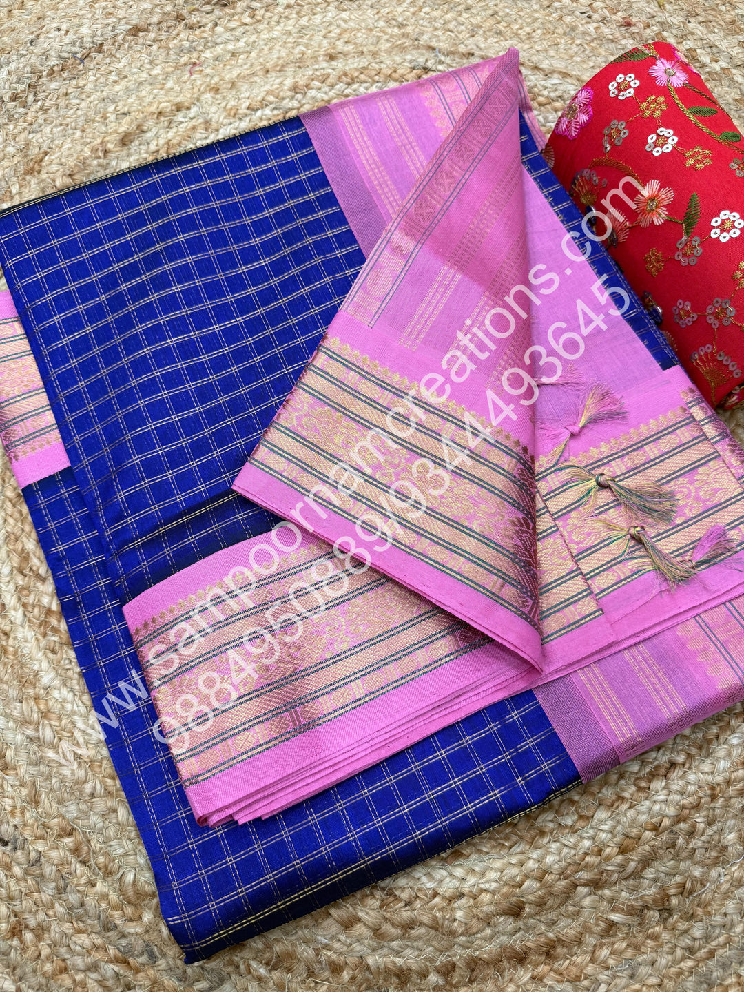 Indigo Blue with Baby Pink , Rich Zari Checks in the body and Traditional Border , Grand Pallu Pure Korvai Silk Cotton Saree