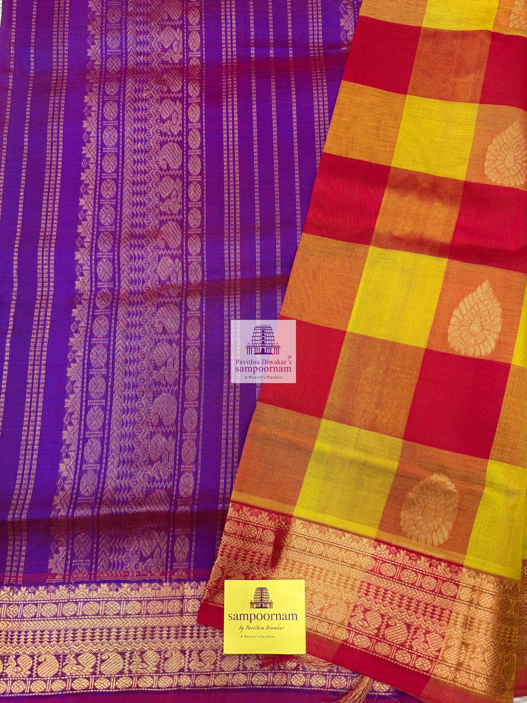 Red , Orange and Mustard with Purple , Mango butta in the body , traditional borders and rich Pallu Silk Cotton Saree