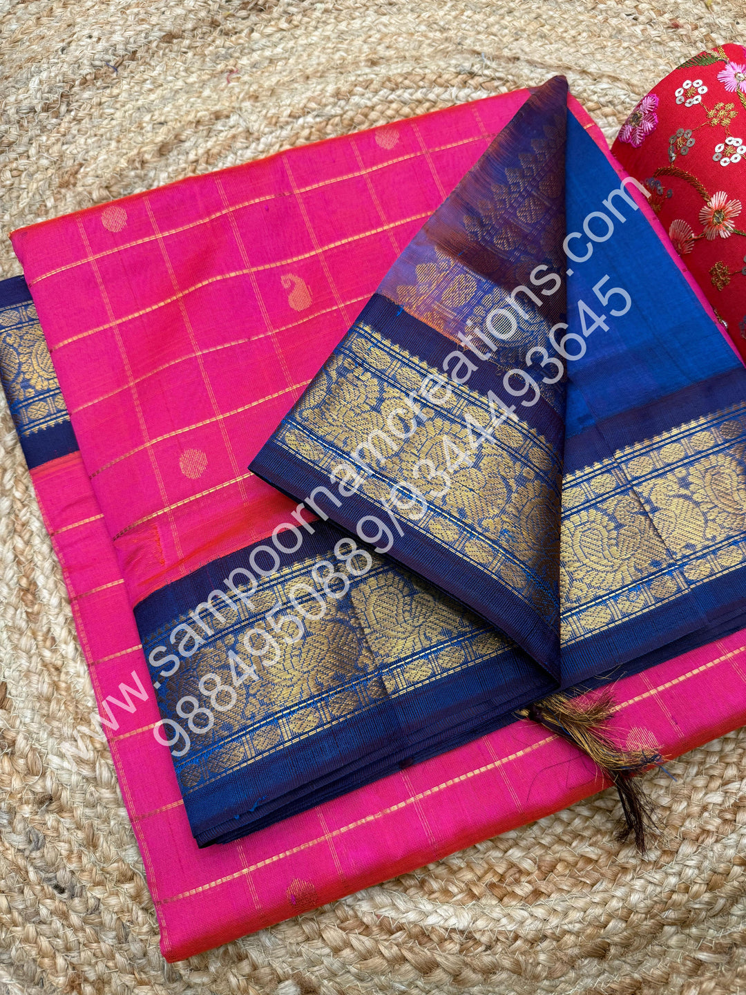 Dark Pink with Mayilkazhuthu , Rich Zari Checks with Mango and Rudraksh Butta in the body and Traditional Border , Grand Pallu Pure Korvai Silk Cotton Saree