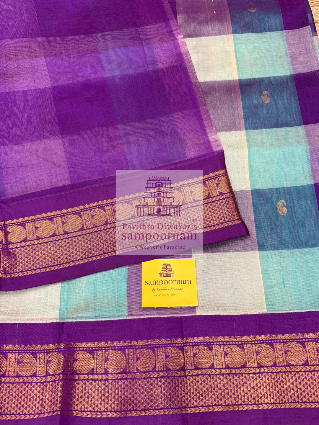 Blue , White , Purple  Paalum Pazham Kattam checks with rich butta , traditional borders and rich  Pallu Korvai Silk Cotton Saree