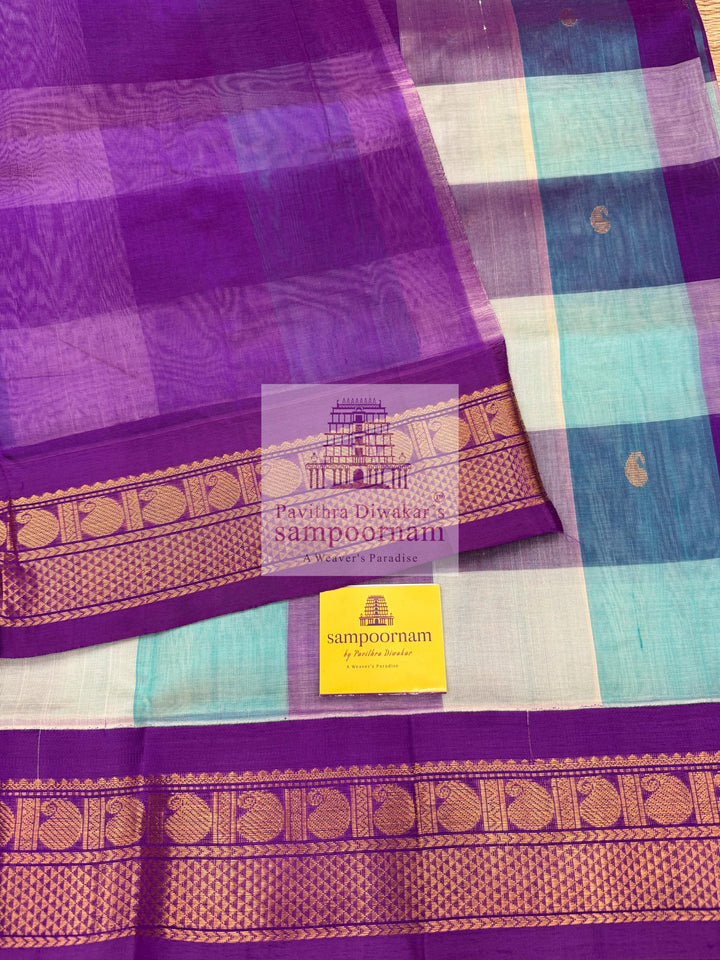 Blue , White , Purple  Paalum Pazham Kattam checks with rich butta , traditional borders and rich  Pallu Korvai Silk Cotton Saree