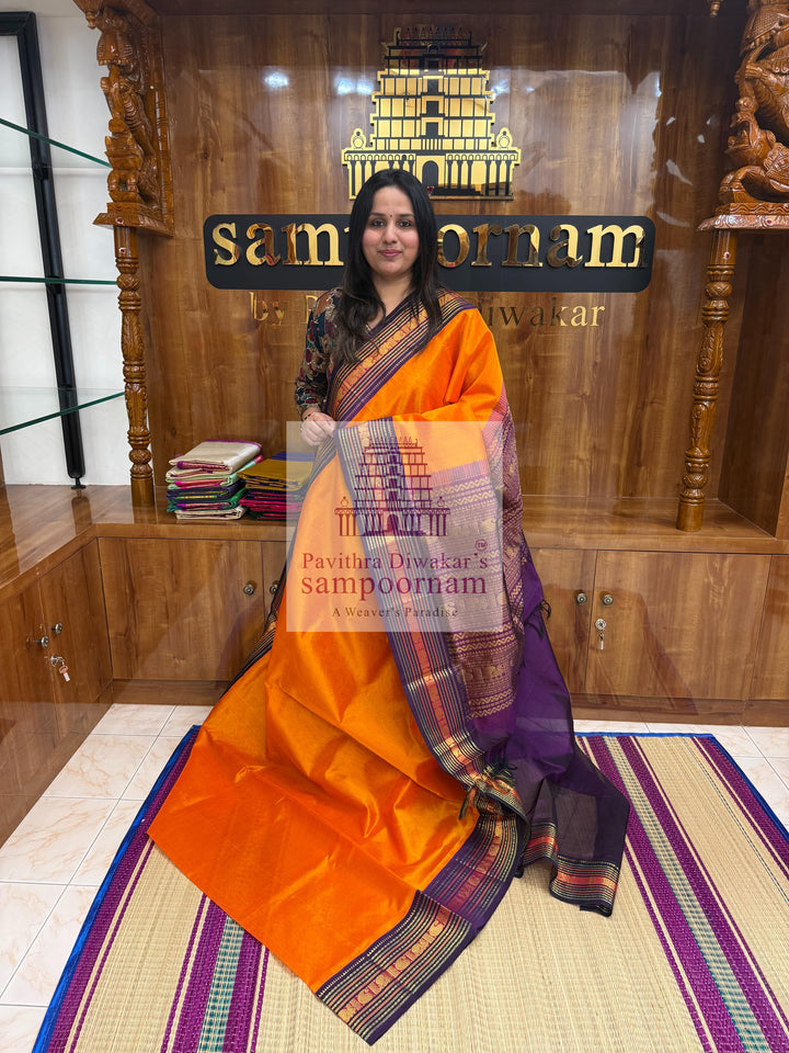Fanta Orange with Purple , traditional Annam and Mango big border with rich Pallu Korvai Silk Cotton Saree