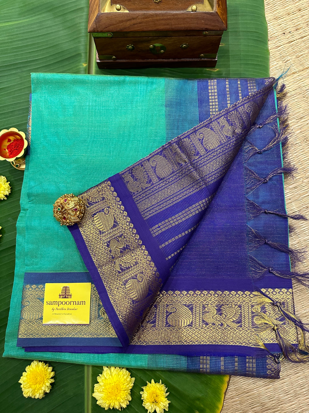 Rexona Green with Blue Vairaoosi Silk Cotton Saree