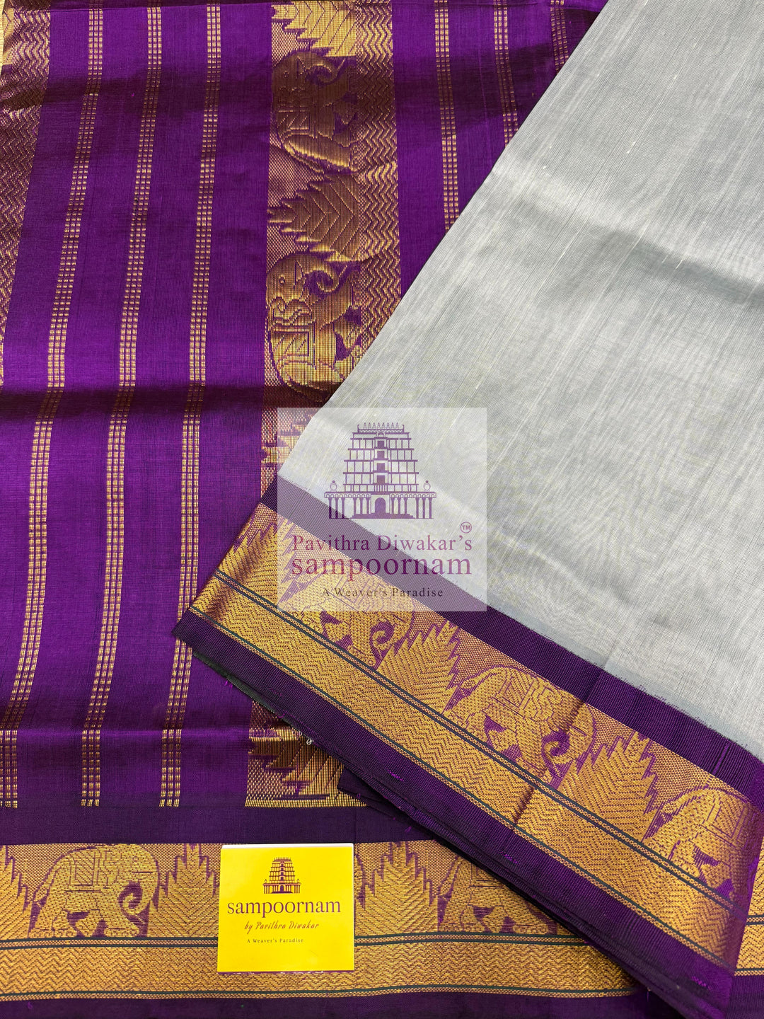Light Grey with Purple , traditional borders with rich Pallu Korvai Silk Cotton Saree