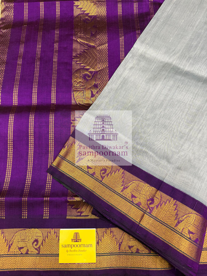 Light Grey with Purple , traditional borders with rich Pallu Korvai Silk Cotton Saree