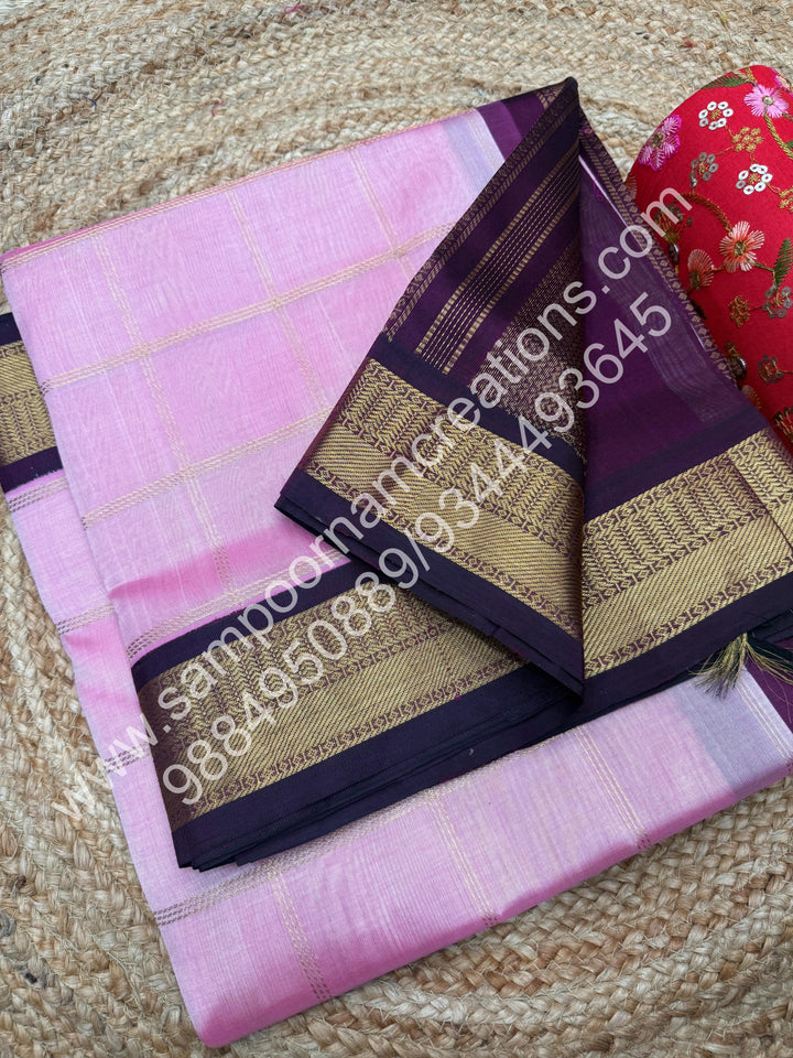 Baby Pink with Dark Arakku ,  Rich Zari Checks in the body and Traditional  Border , Grand Pallu Pure Korvai Silk Cotton Saree