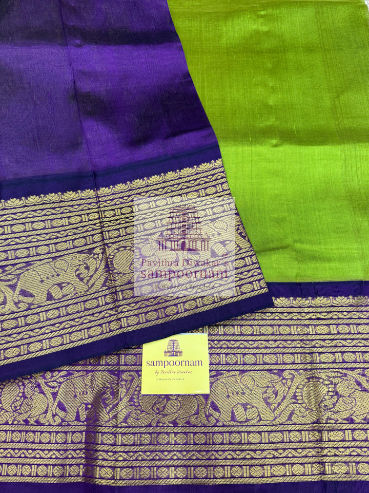 Leaf Green with Purple , one side short and long kanchi border with rich Pallu Korvai Silk Cotton Saree