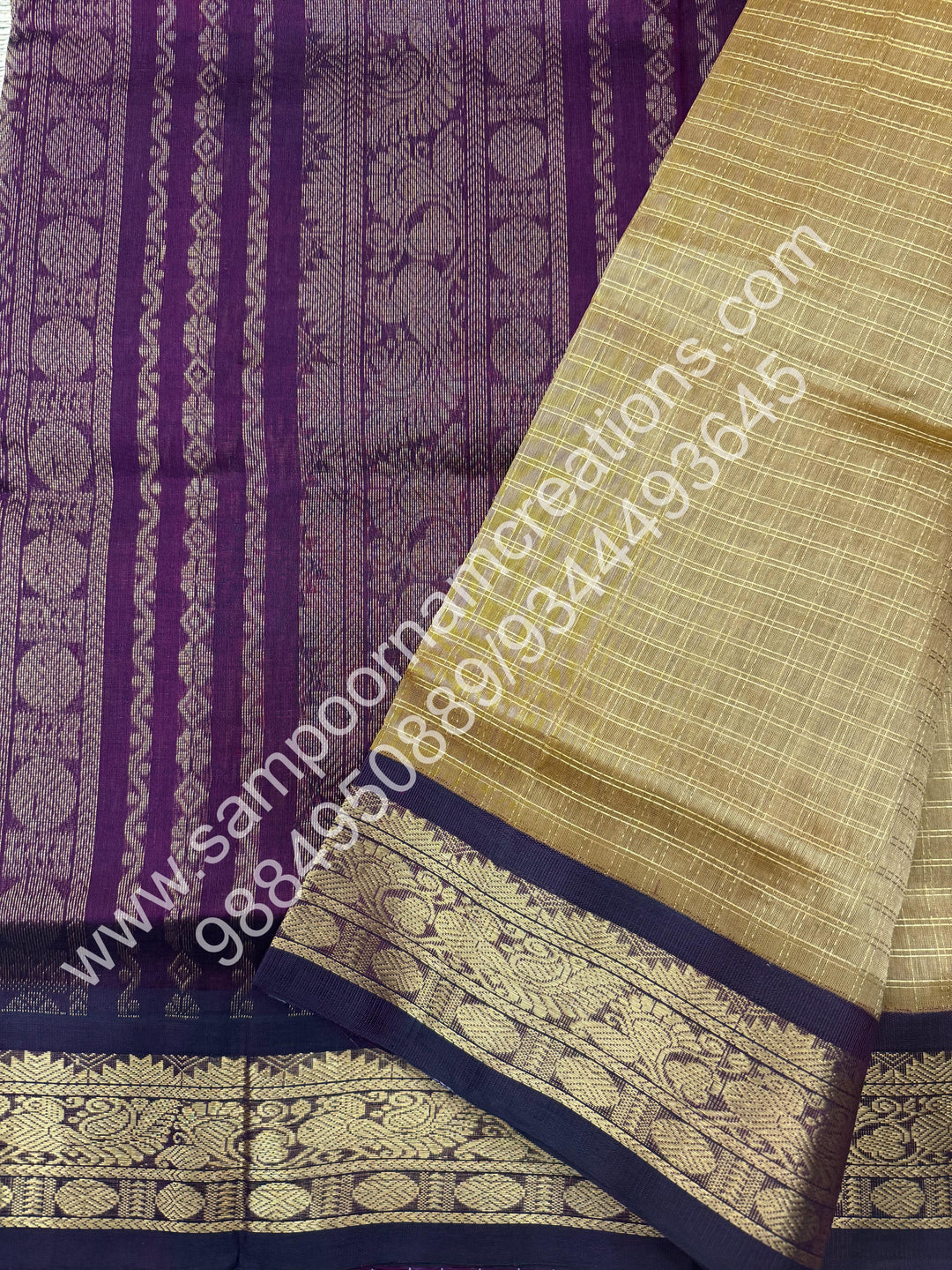 Gold with Arakku , Rich Zari Checks in the body and Traditional Border , Grand Pallu Pure Korvai Silk Cotton Saree