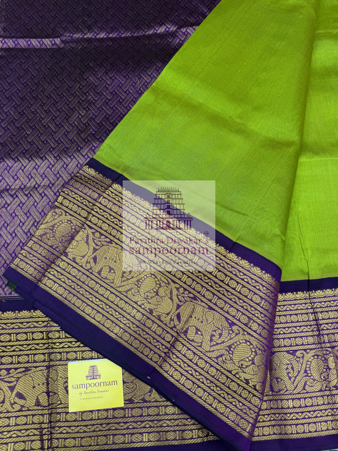 Leaf Green with Purple , one side short and long kanchi border with rich Pallu Korvai Silk Cotton Saree