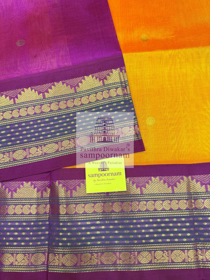 Mambazha Yellow with Rani Pink , Lakshadeepam borders and rich Pallu Zari butta in the body Korvai Silk Cotton Saree