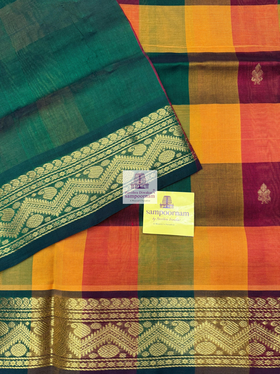 Red , Green and Manjal with Green , Paalum Pazham Checks with rich butta , traditional borders and rich Pallu Silk Cotton Saree