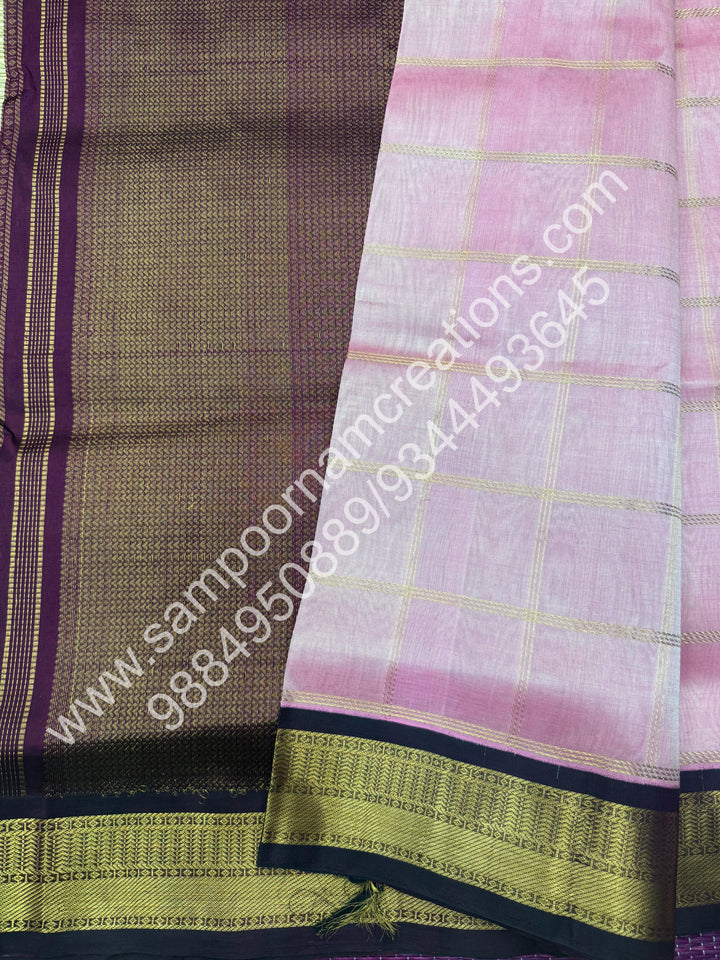 Baby Pink with Dark Arakku ,  Rich Zari Checks in the body and Traditional  Border , Grand Pallu Pure Korvai Silk Cotton Saree