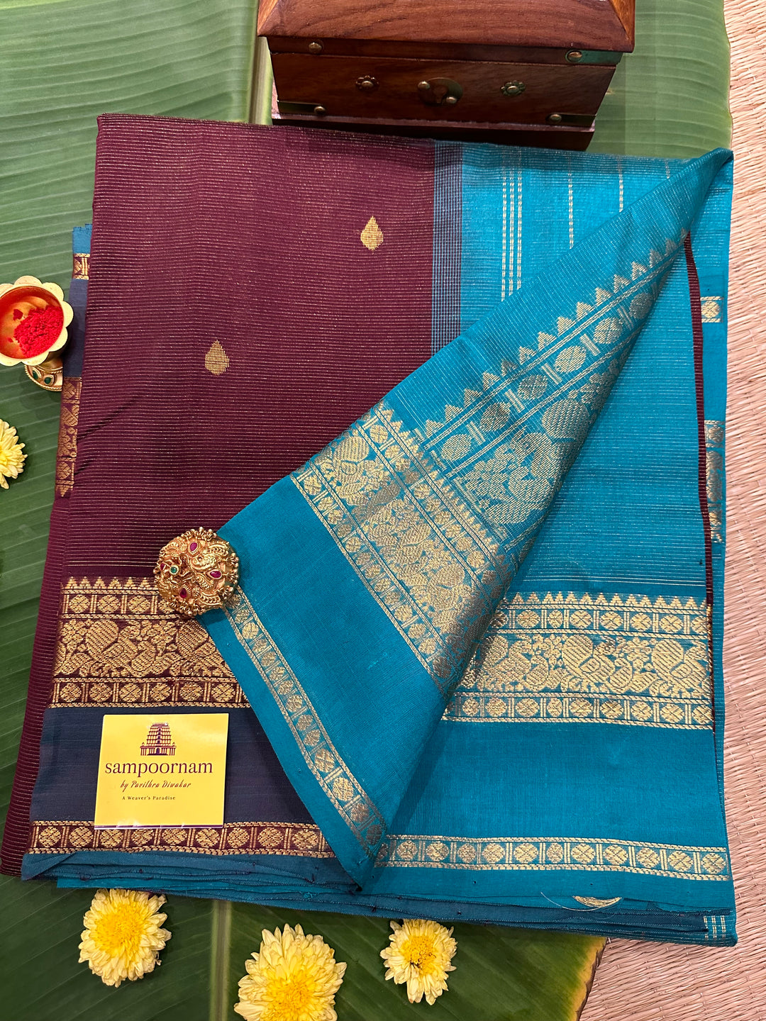 Dark Maroon with Turquoise Blue RIch Body Butta Vairaoosi Silk Cotton Saree