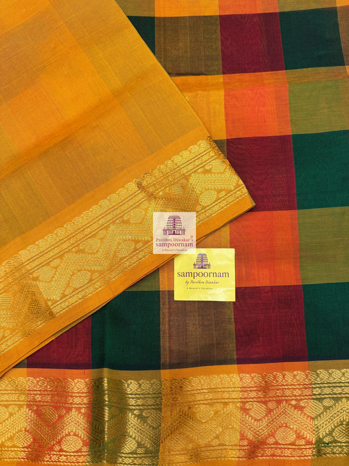 Red , Manjal and Green with Mustard , Paalum Pazham Checks with rich butta , traditional borders and rich Pallu Silk Cotton Saree