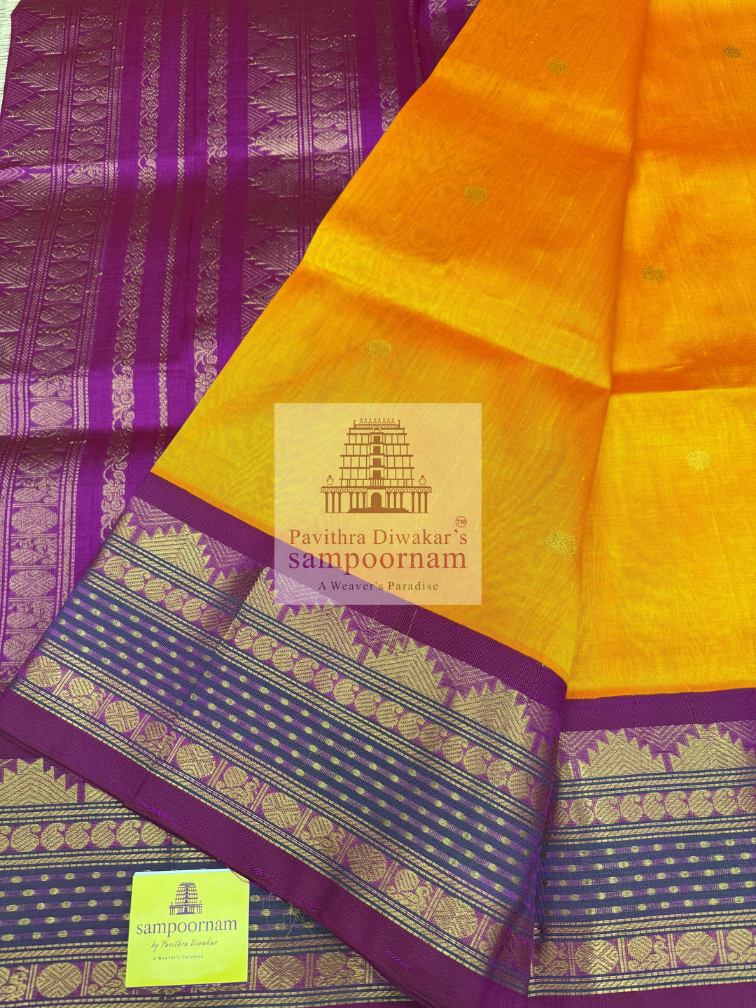 Mambazha Yellow with Rani Pink , Lakshadeepam borders and rich Pallu Zari butta in the body Korvai Silk Cotton Saree