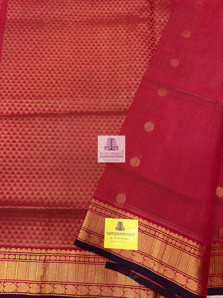 Classic Red , Maroon Selvedge , Annam  Zari Butta and  Vairaoosi Zari lines in the body , traditional borders and rich Pallu Silk Cotton Sarees