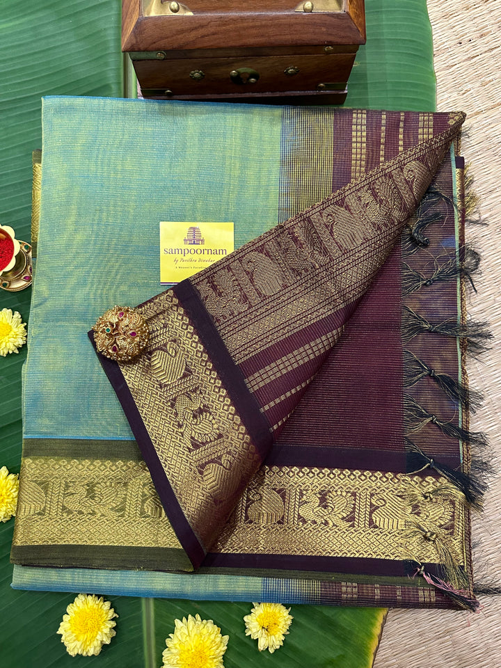 Light Green with Brown Vairaoosi Silk Cotton Saree