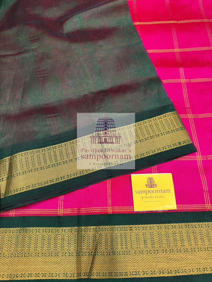 Rani Pink with Green , Zari checks in the body , traditional border and rich Pallu Korvai Silk Cotton Saree