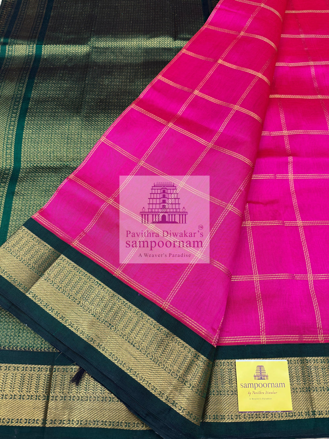 Rani Pink with Green , Zari checks in the body , traditional border and rich Pallu Korvai Silk Cotton Saree