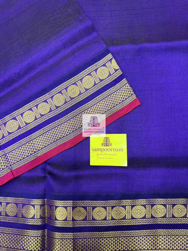 Moraccan Blue , Red Selvedge , Vairaoosi Zari lines in the body , traditional borders and rich Pallu Silk Cotton Sarees