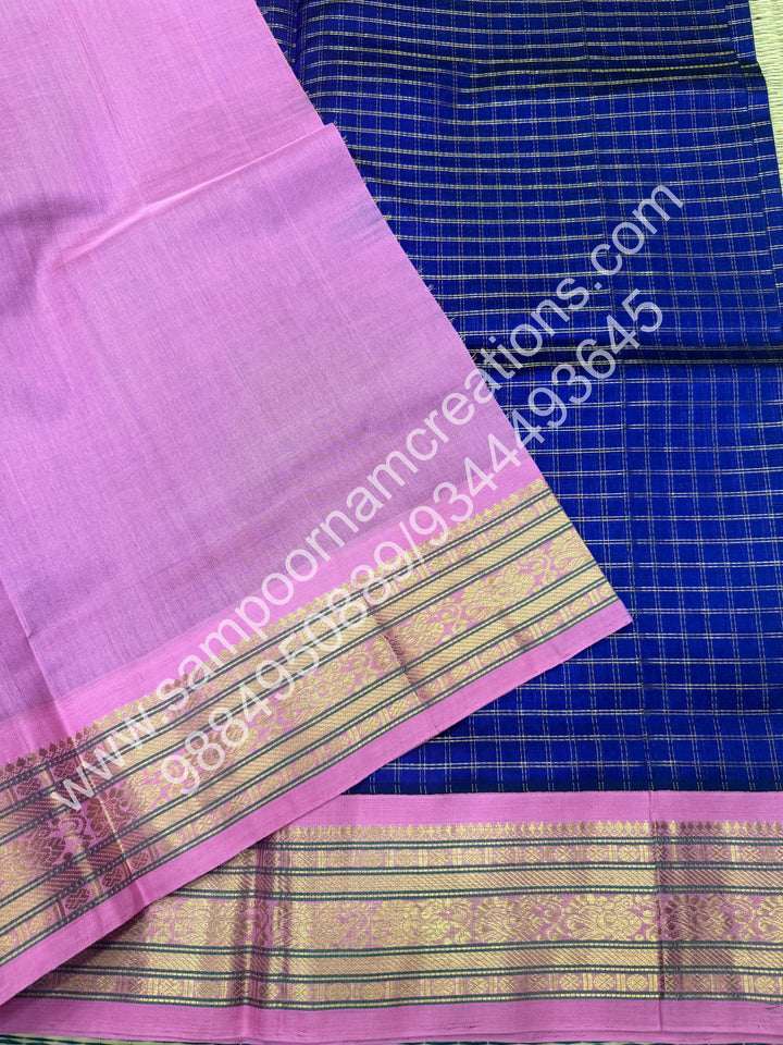 Indigo Blue with Baby Pink , Rich Zari Checks in the body and Traditional Border , Grand Pallu Pure Korvai Silk Cotton Saree