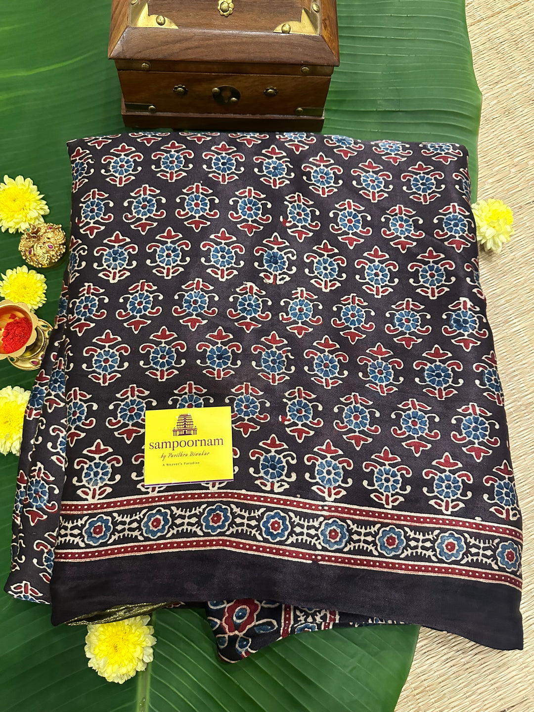 Dark Brown Ajrakh Natural Handblock Printed Tissue Pallu Pure Modal Silk Saree