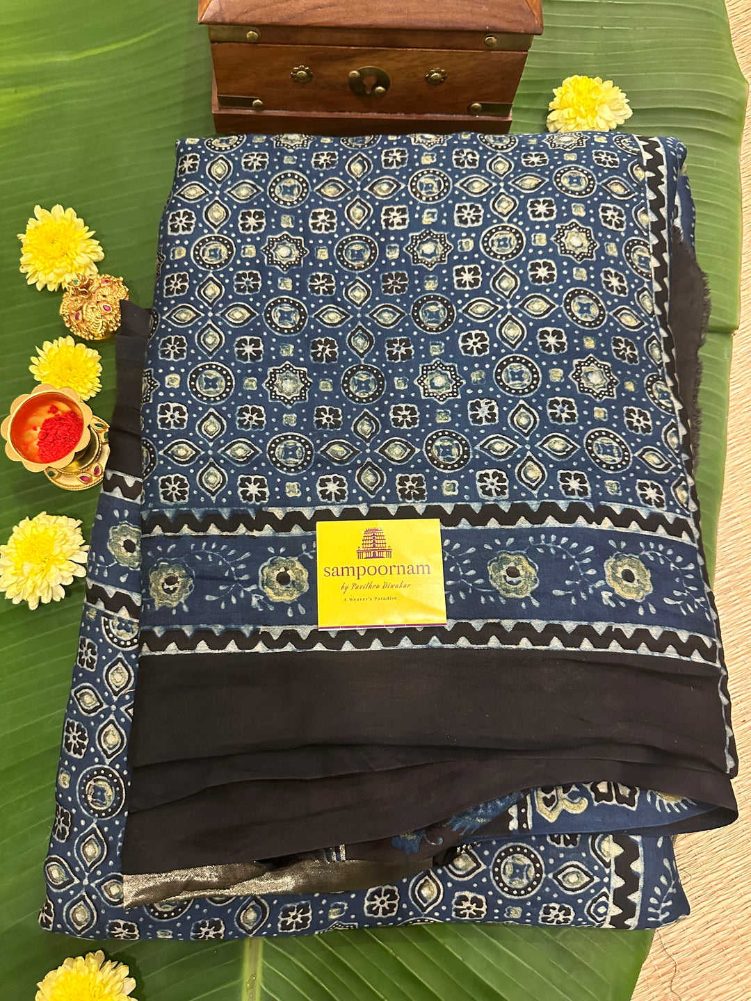 Indigo Blue Natural Ajrakh Handblock Printed Pure Modal Silk Saree with Tissue Pallu