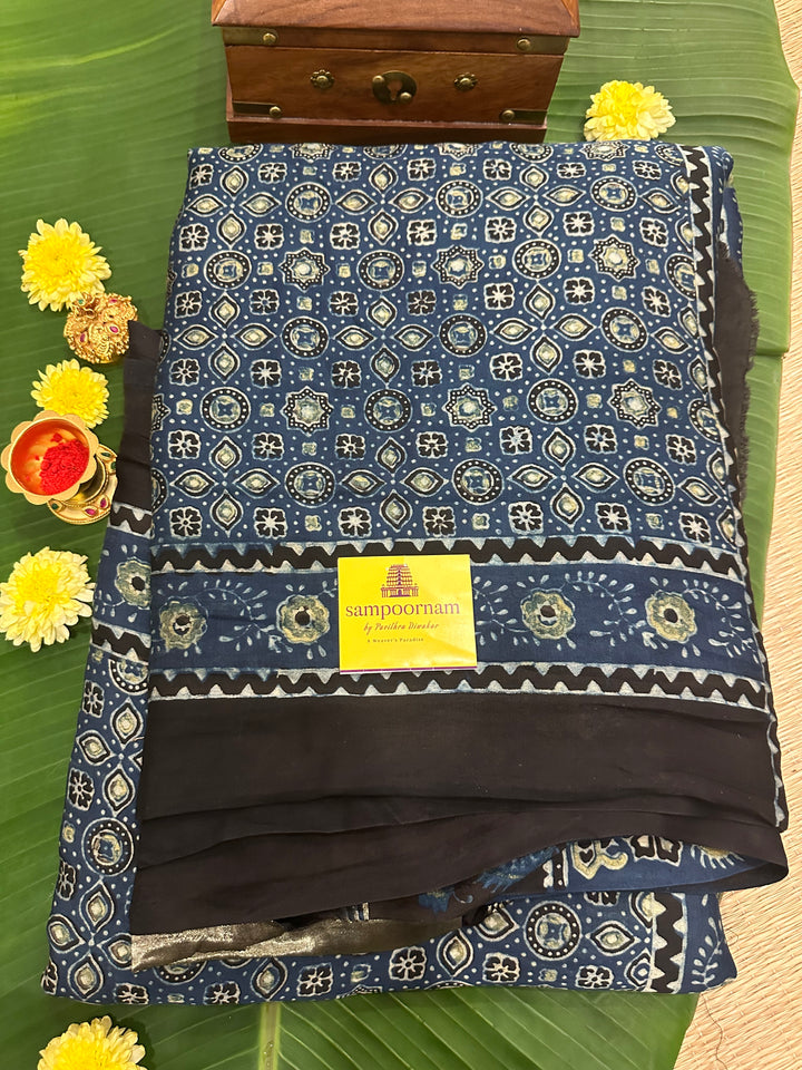 Indigo Blue Natural Ajrakh Handblock Printed Pure Modal Silk Saree with Tissue Pallu