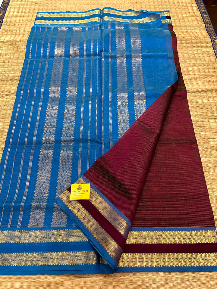 Dark Maroon with Blue Rettapet Border Vairaoosi Silk Cotton Saree