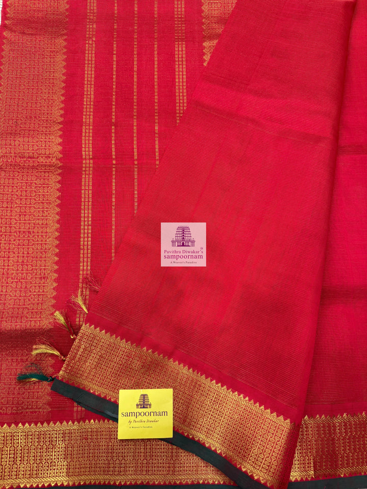 Passion Red , Green Selvedge , Vairaoosi Zari lines in the body , traditional borders and rich Pallu Silk Cotton Sarees