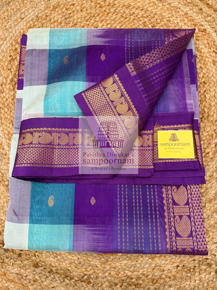 Blue , White , Purple  Paalum Pazham Kattam checks with rich butta , traditional borders and rich  Pallu Korvai Silk Cotton Saree