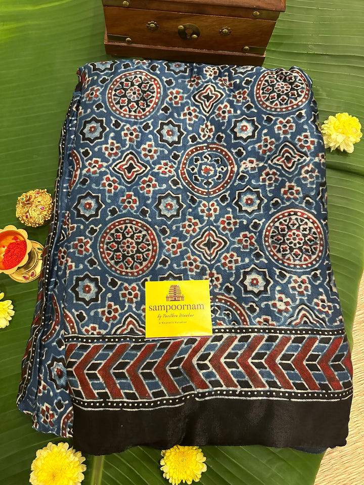 Indigo Blue with Ajrakh Natural Handblock Printed Tissue Pallu Pure Modal Silk Saree