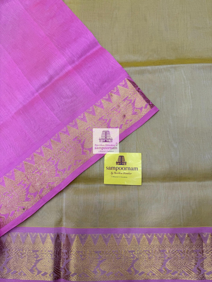Gold with Pink , Mango Zari butta in the body and traditional border and traditional border , Rich Pallu Silk Cotton Saree