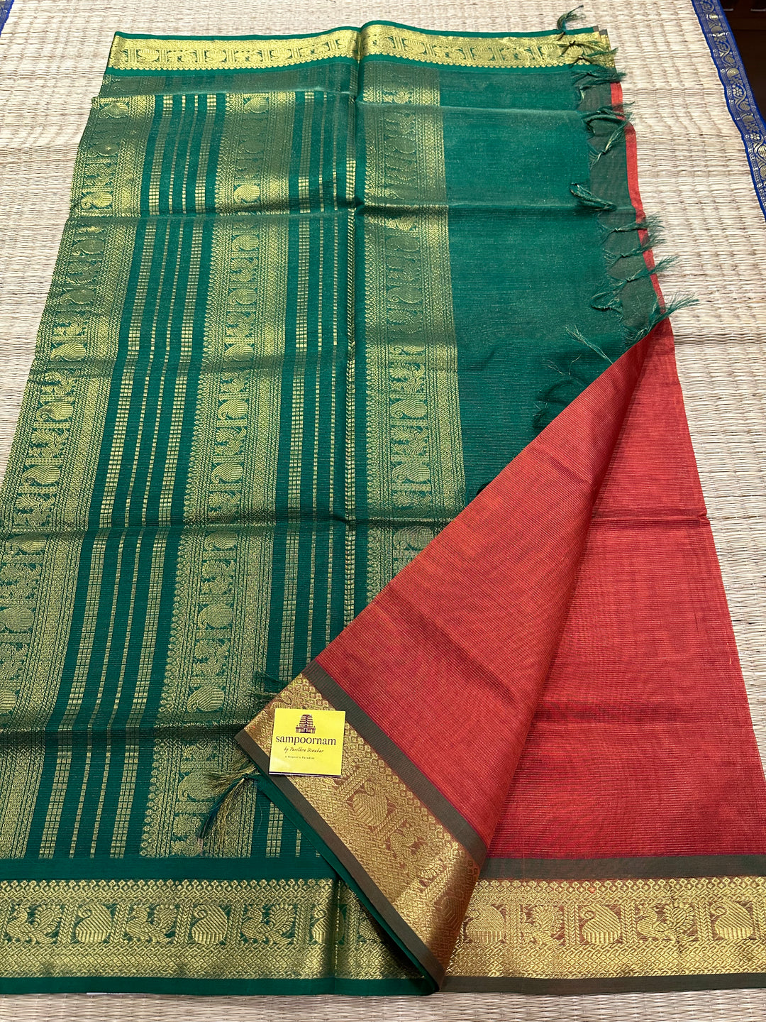 Brick Orange with Green Vairaoosi Silk Cotton Saree