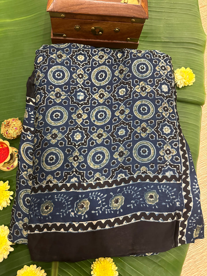 Indigo Blue Natural Ajrakh Handblock Printed Pure Modal Silk Saree with Tissue Pallu