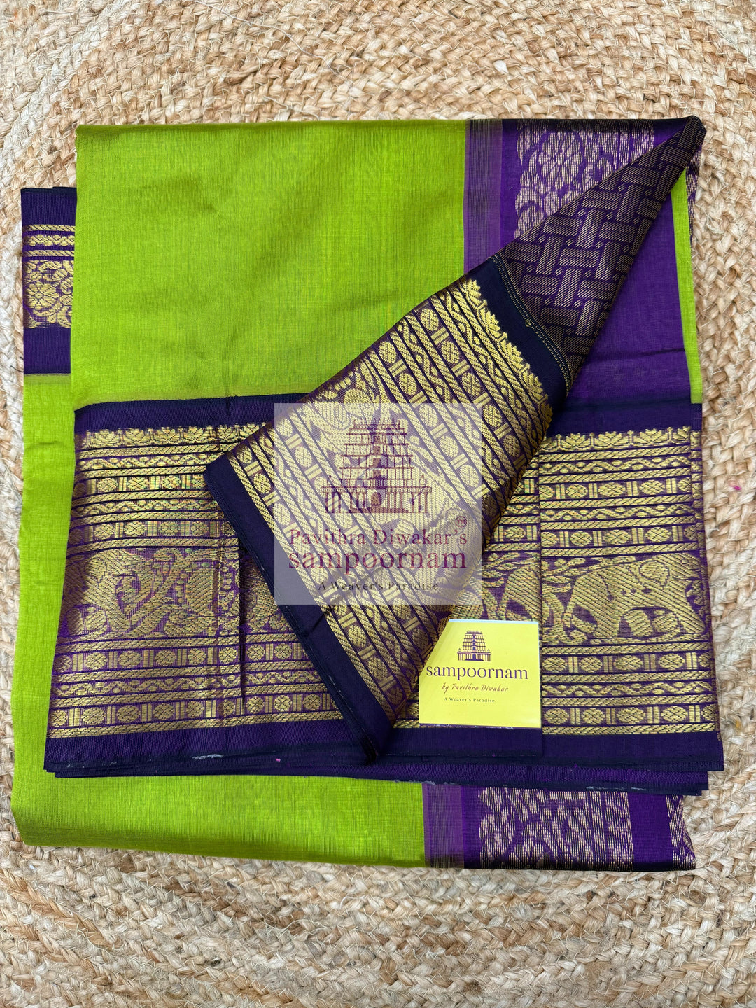 Leaf Green with Purple , one side short and long kanchi border with rich Pallu Korvai Silk Cotton Saree