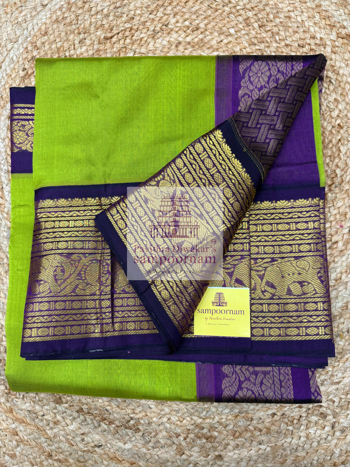 Leaf Green with Purple , one side short and long kanchi border with rich Pallu Korvai Silk Cotton Saree