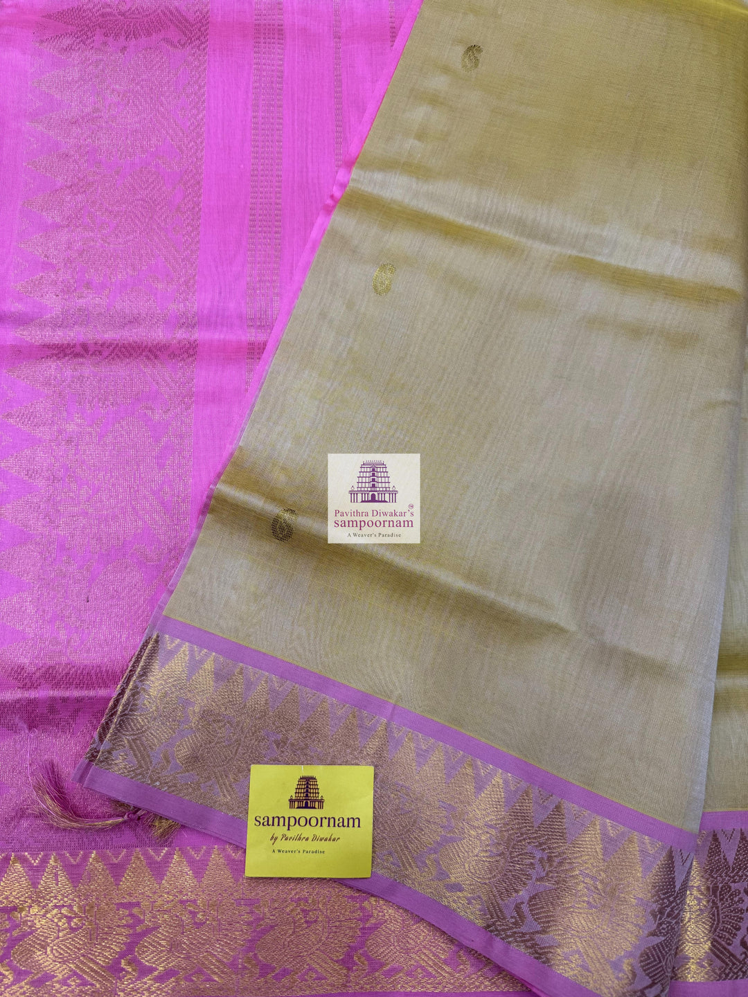 Gold with Pink , Mango Zari butta in the body and traditional border and traditional border , Rich Pallu Silk Cotton Saree