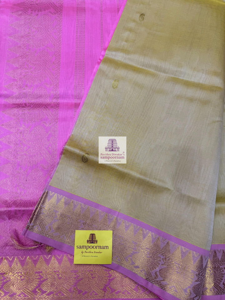 Gold with Pink , Mango Zari butta in the body and traditional border and traditional border , Rich Pallu Silk Cotton Saree