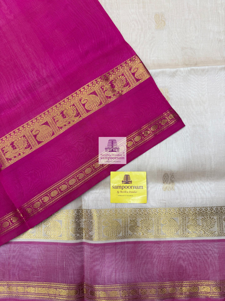 Cream with Pink , Annam and Mango Zari Motif in the Body , Rettapet Border  and Rich Pallu Silk Cotton Saree