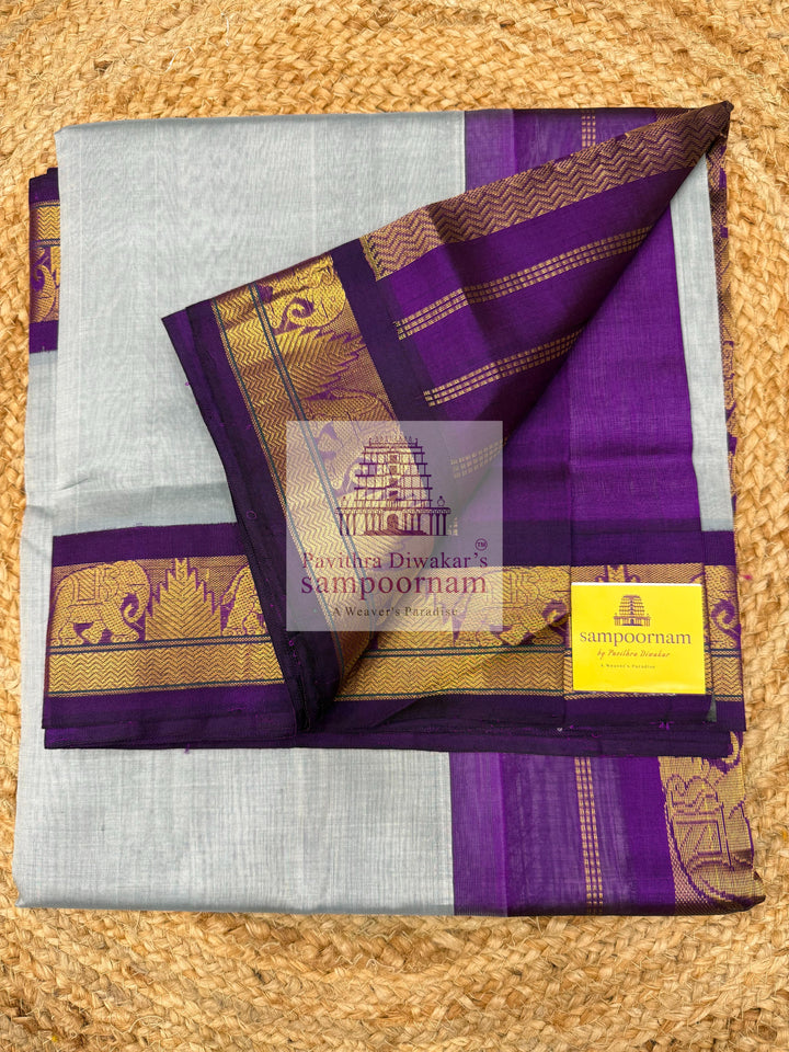 Light Grey with Purple , traditional borders with rich Pallu Korvai Silk Cotton Saree