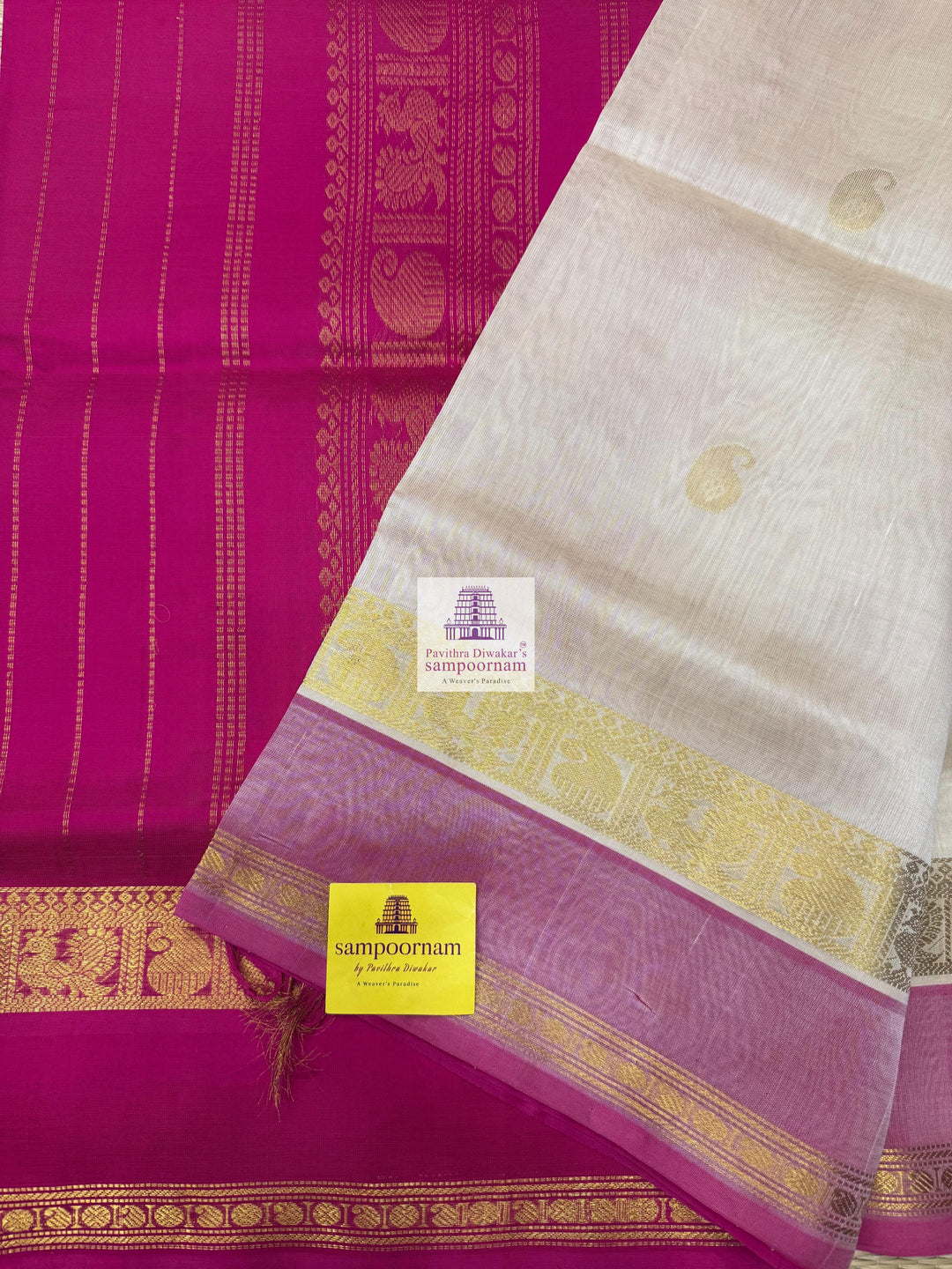 Cream with Pink , Annam and Mango Zari Motif in the Body , Rettapet Border  and Rich Pallu Silk Cotton Saree