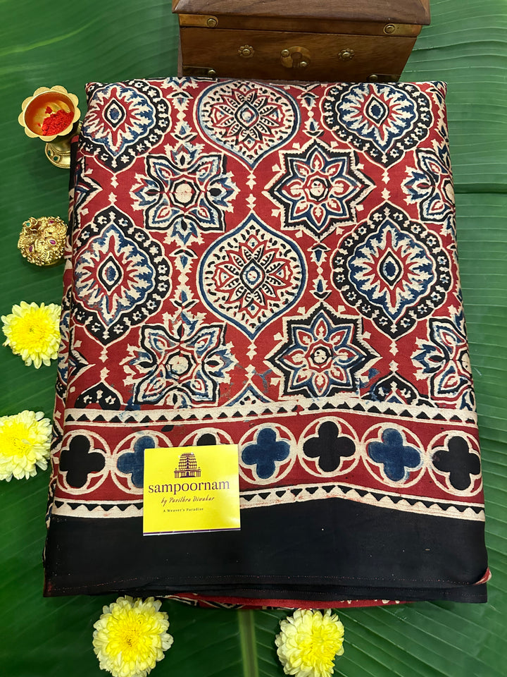 Red Ajrakh Natural Handblock Printed Pure Modal Silk Saree