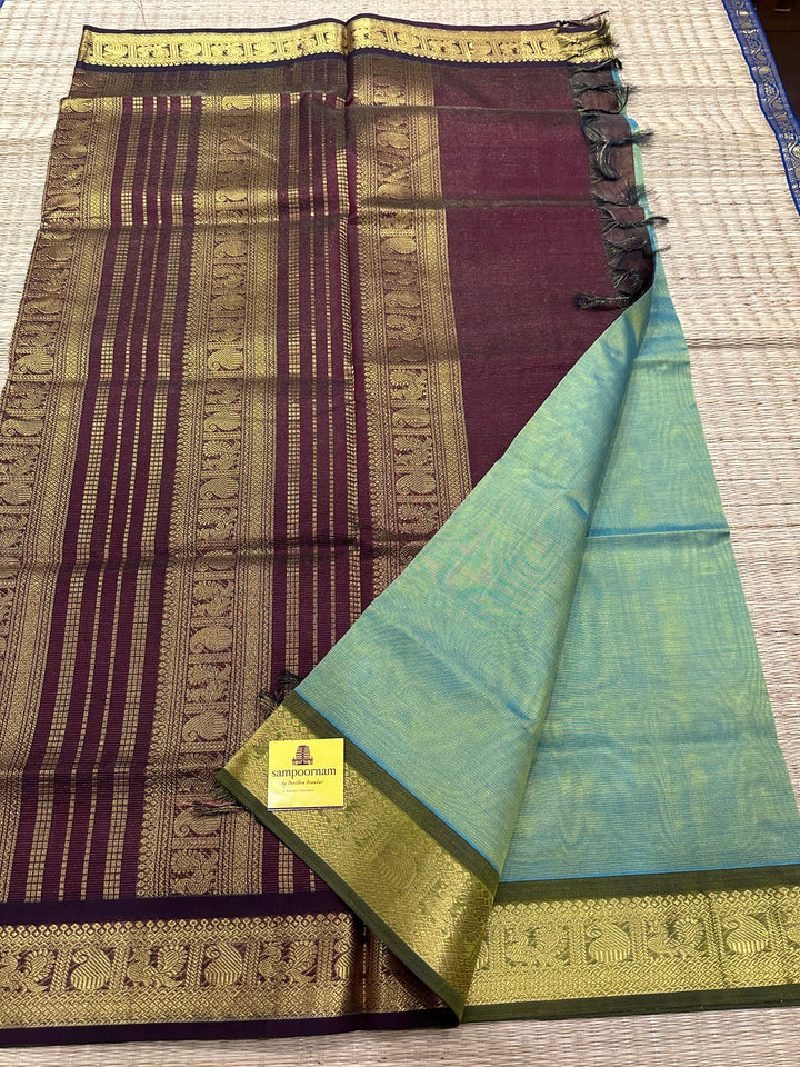 Light Green with Brown Vairaoosi Silk Cotton Saree