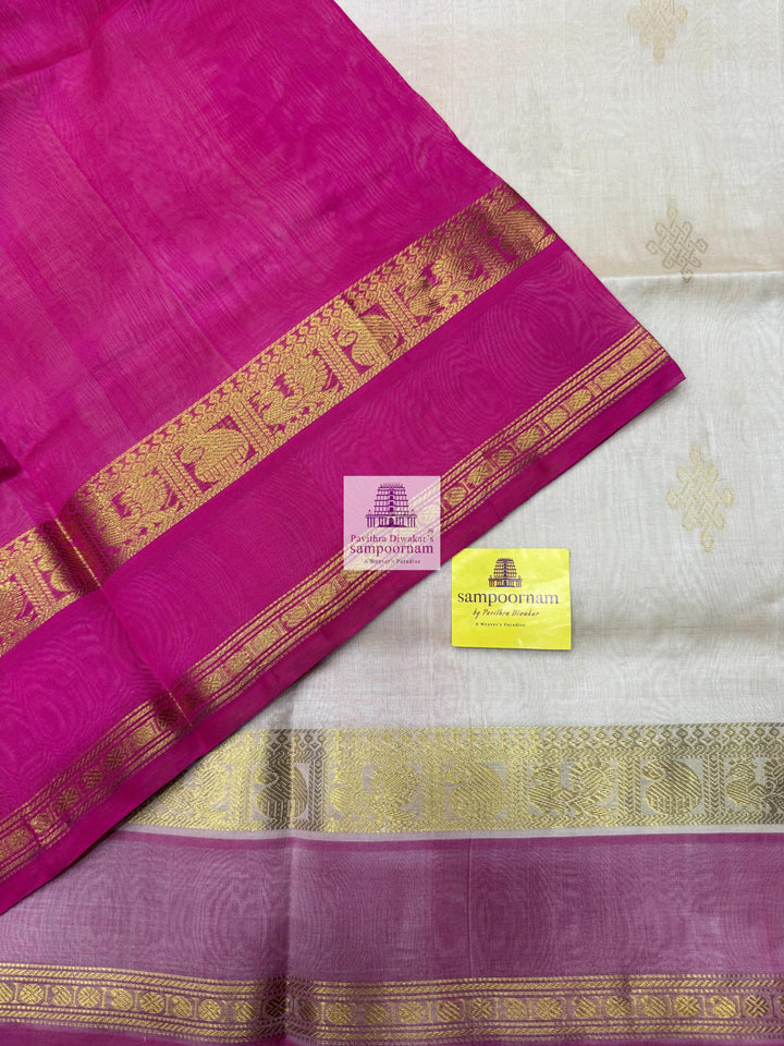 Cream with Pink , Kollam Zari Motif in the Body , Rettapet Border  and Rich Pallu Silk Cotton Saree