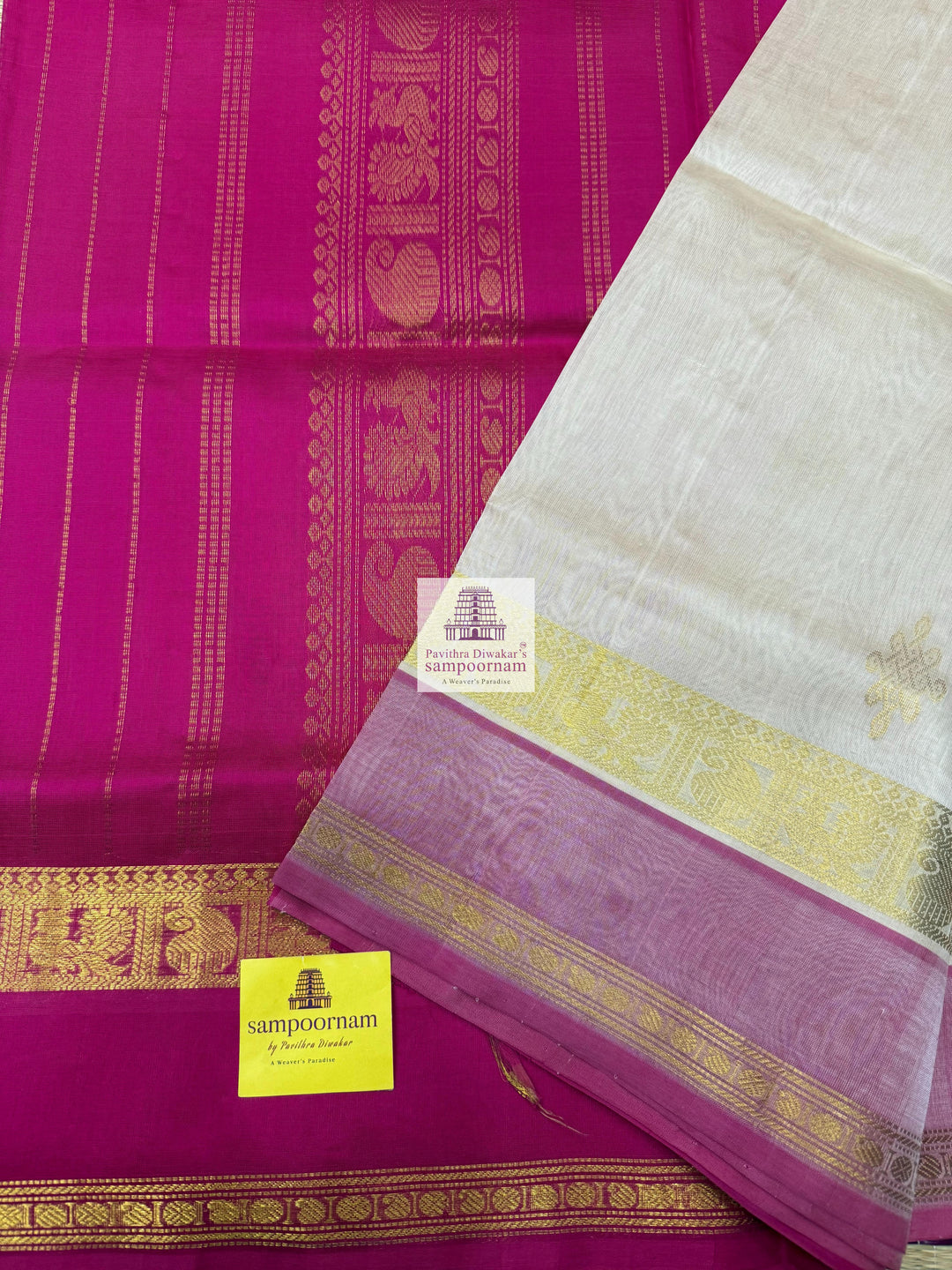 Cream with Pink , Kollam Zari Motif in the Body , Rettapet Border  and Rich Pallu Silk Cotton Saree