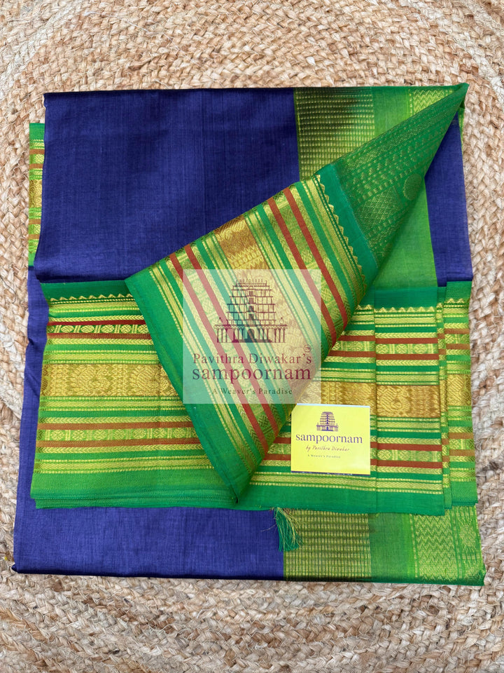 Dark Grey with Green ,traditional big border with rich Pallu Korvai Silk Cotton Saree