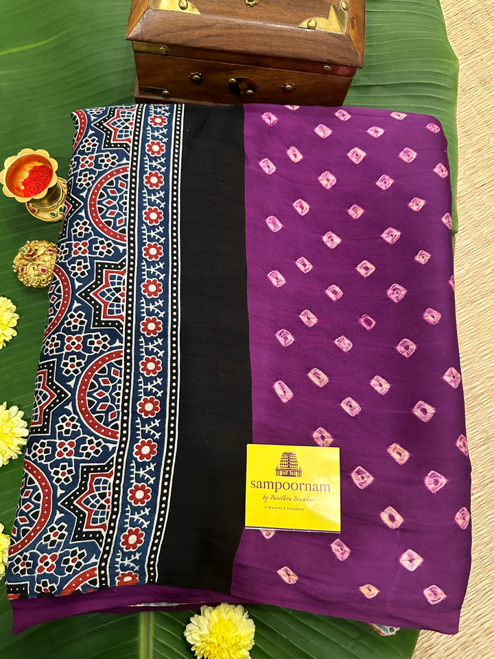 Purple Bhandej with Ajrakh Natural Handblock Printed Tissue Pallu Pure Modal Silk Saree