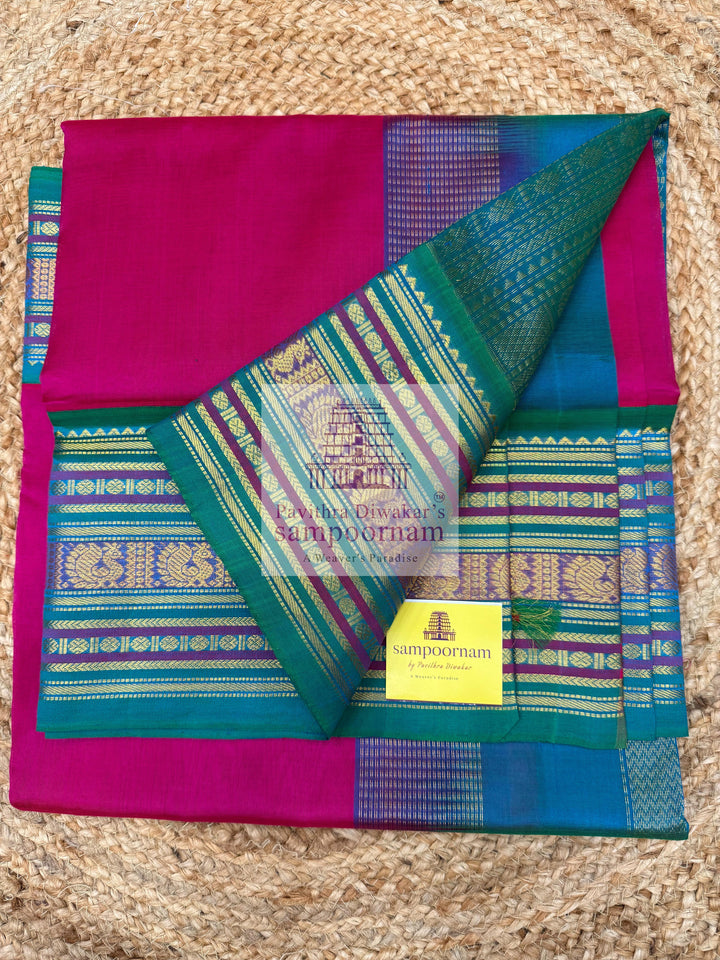 Rani Pink with Turquoise Blue , traditional big border with rich Pallu Korvai Silk Cotton Saree