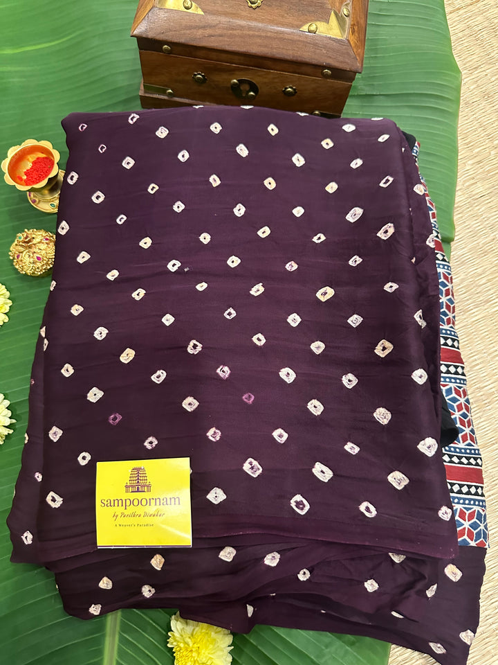 Plum Colour Bhandej with Ajrakh Natural Handblock Printed Tissue Pallu Pure Modal Silk Saree